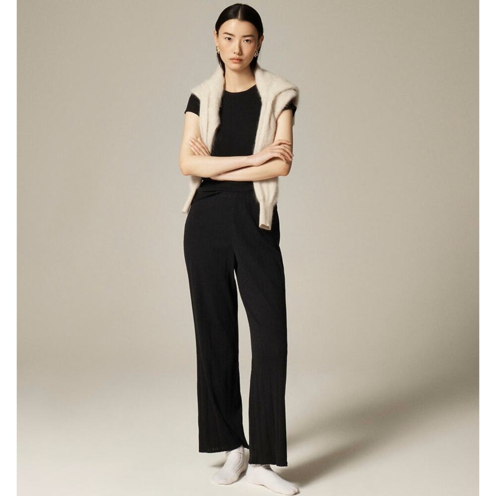 J.Crew Pointelle Pants WMNS XS Black Mid-Rise Drapey Wide Leg Elastic Waistband